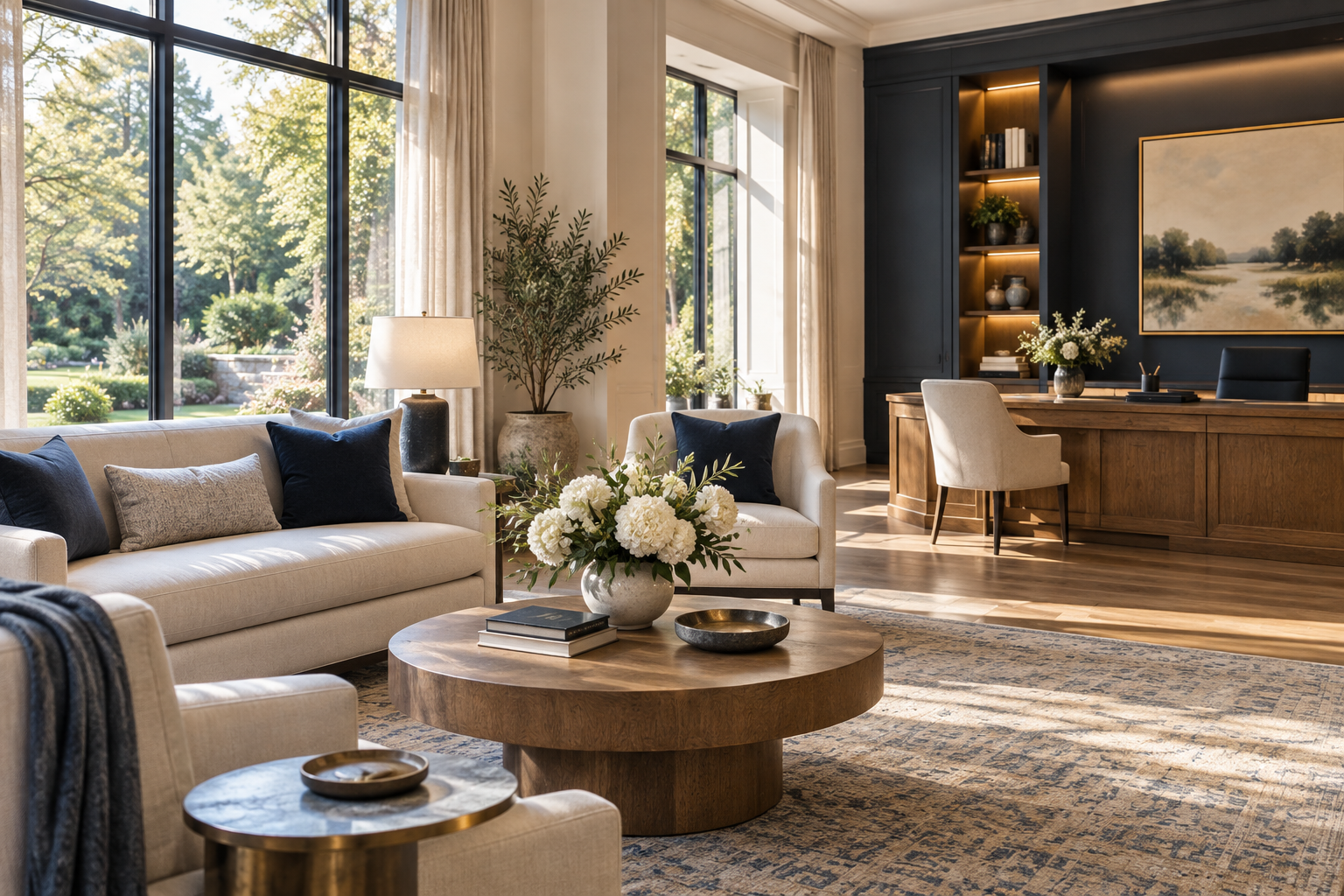 Warm, light-filled funeral home sitting room and office